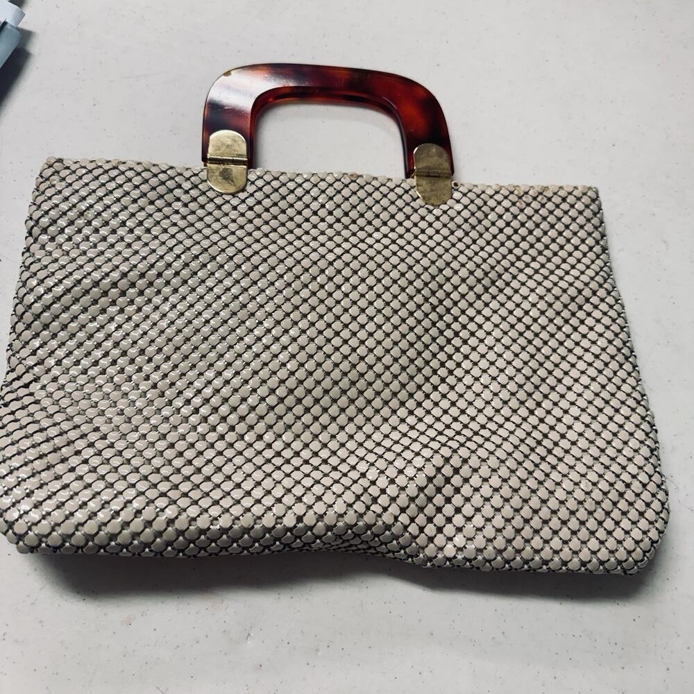 Vintage 60s Metal Mesh Handbag Tortoise Lucite Handle Purse MCM Cream Ivory